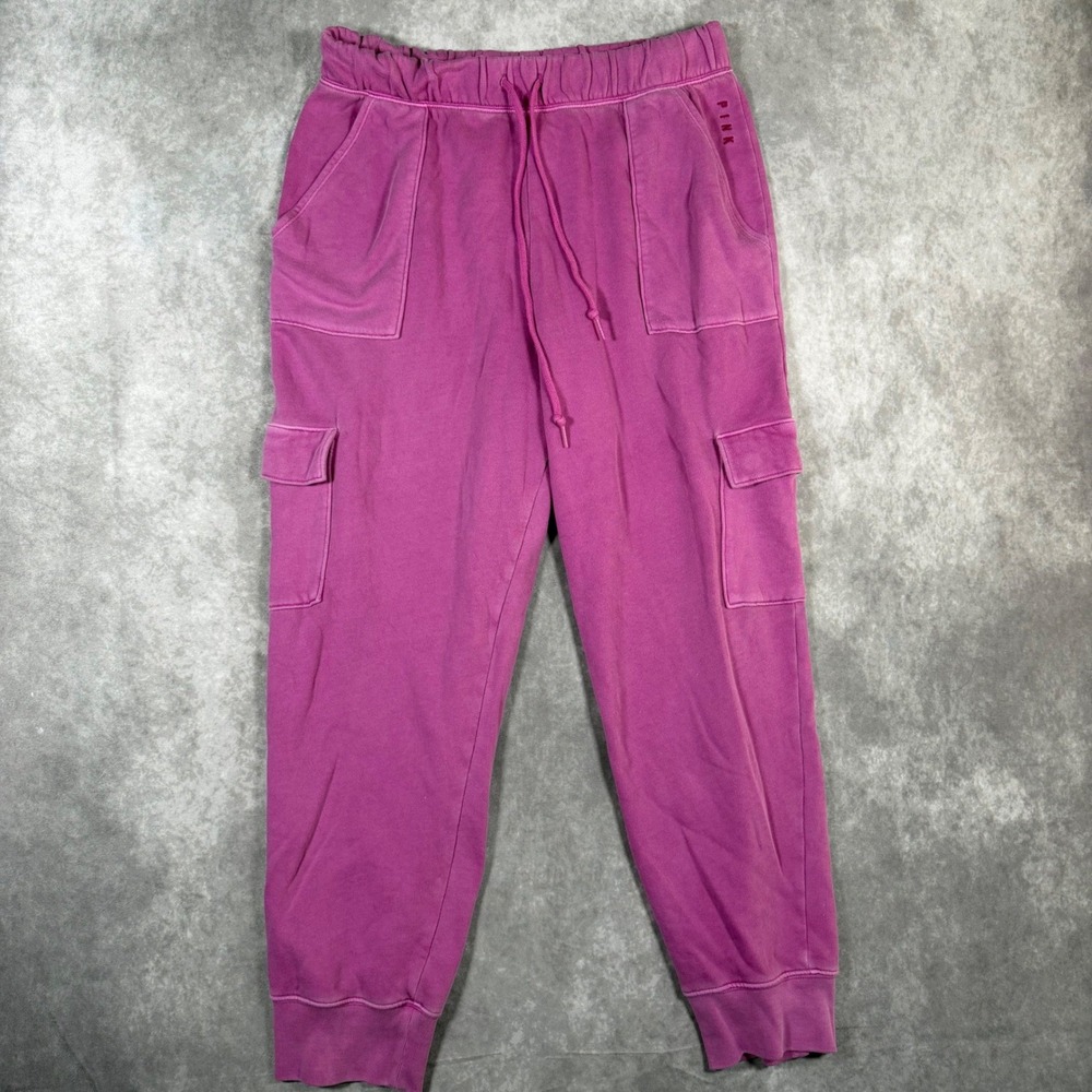 Pink Victorias Secret L Cargo Jogger Sweatpants Pink Drawstring Pockets Y2K Cozy